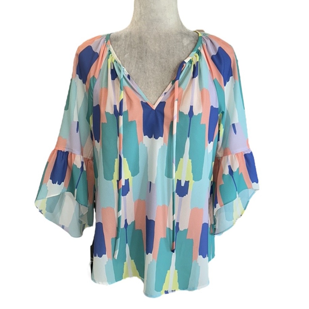 LN Crosby Mollie Burch Pastel Brushstrokes Print Tie Neck Bell Sleeve Blouse - S